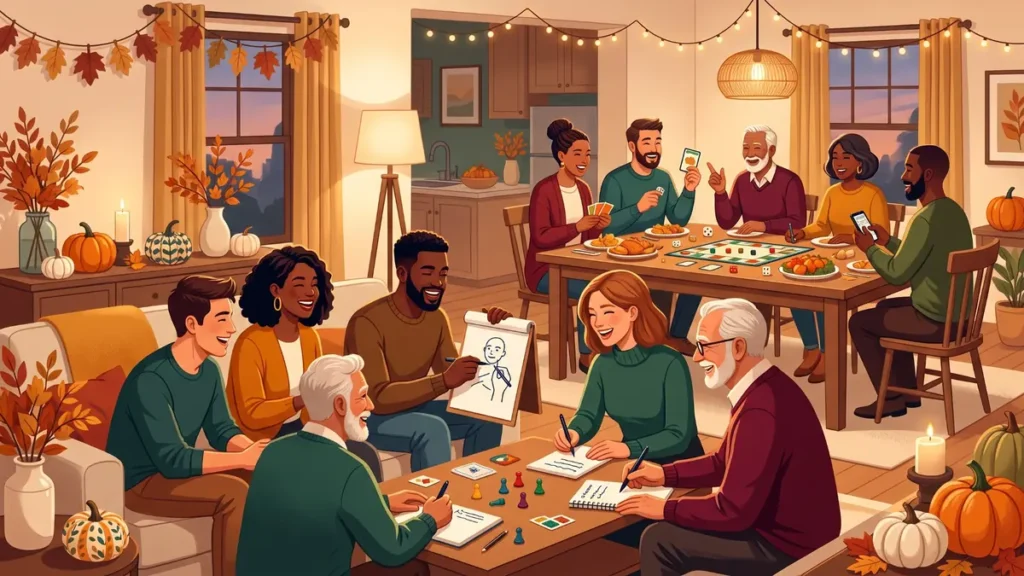 21 Thanksgiving Games for Adults Before and After Dinner Adults playing Thanksgiving party games together at a festive gathering