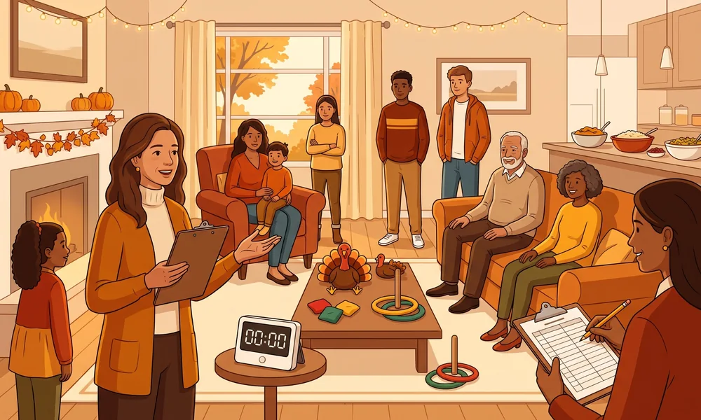 Host explaining safe and fair Thanksgiving game rules to a mixed-age group