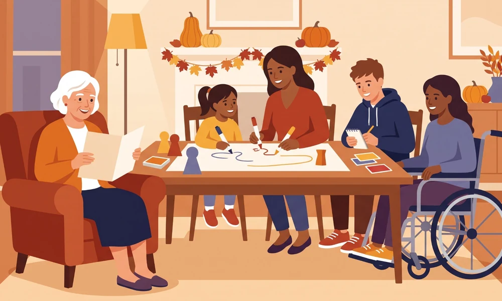 Inclusive family Thanksgiving game with children, adults, seniors, and a wheelchair user