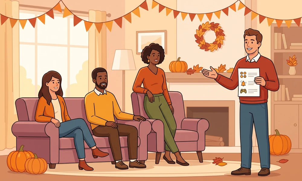 Host explaining Thanksgiving game rules to seated adult guests