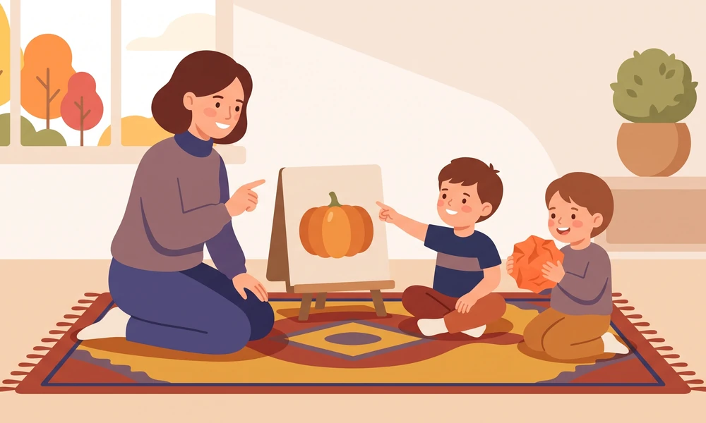 Parent playing a simple Thanksgiving picture guessing game with preschoolers