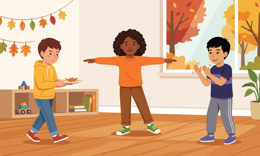 Kids playing a Thanksgiving freeze-pose movement game indoors