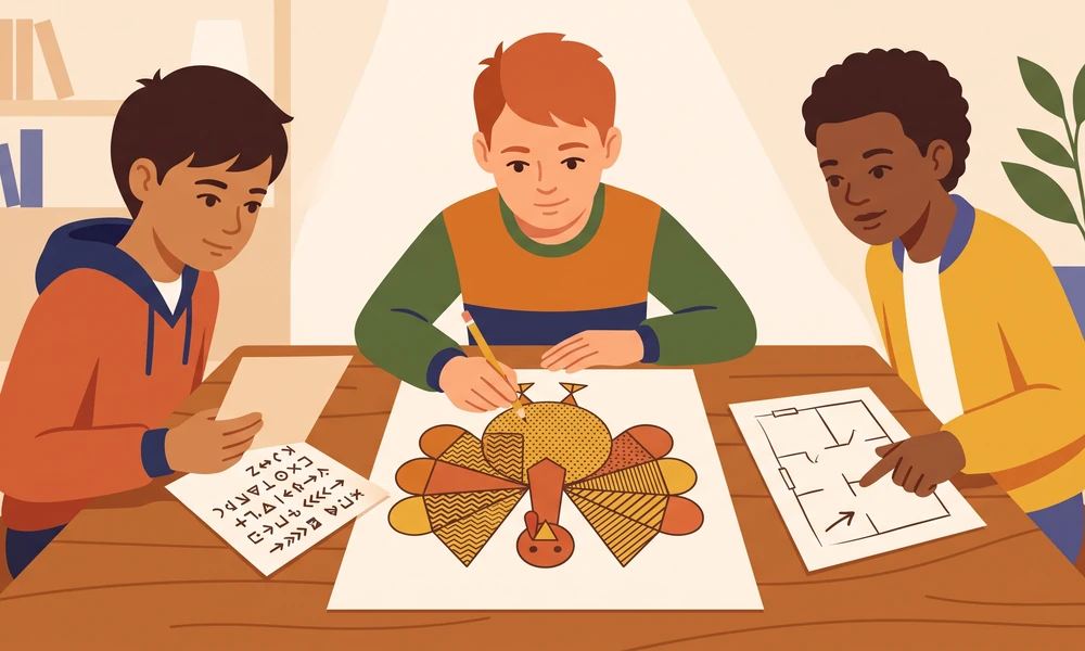 Older kids solving a Thanksgiving codebreaker and turkey design puzzle