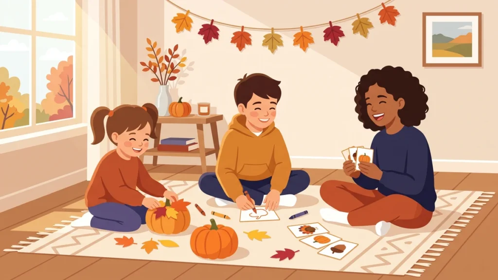Kids playing Thanksgiving games together indoors with autumn decorations
