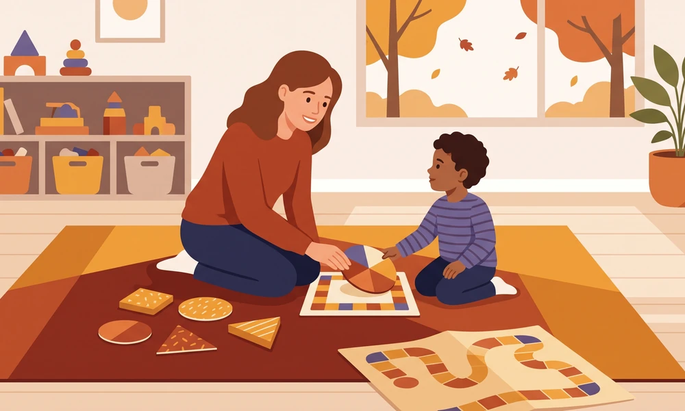 Adult demonstrating a Thanksgiving board game to a young child in a tidy play area