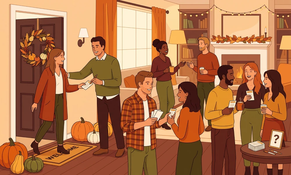 Adults arriving at a Thanksgiving gathering and joining casual party games