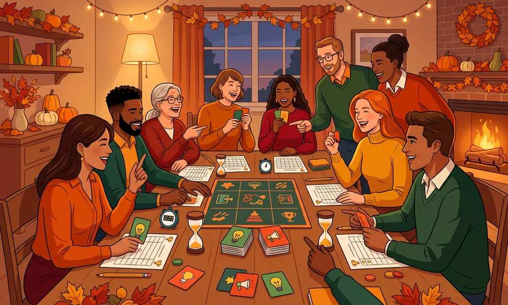 Adults competing in Thanksgiving team games around a table after dinner