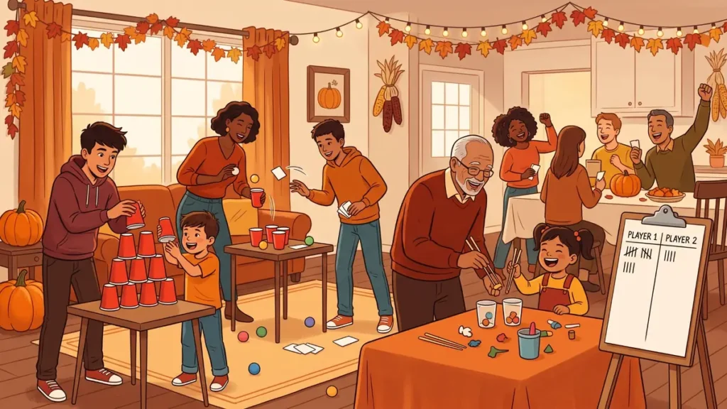 Family playing Thanksgiving minute to win it games with cups and timed challenges