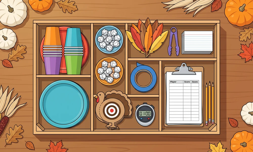 Thanksgiving minute to win it supplies with cups, plates, paper balls, timer and score sheet
