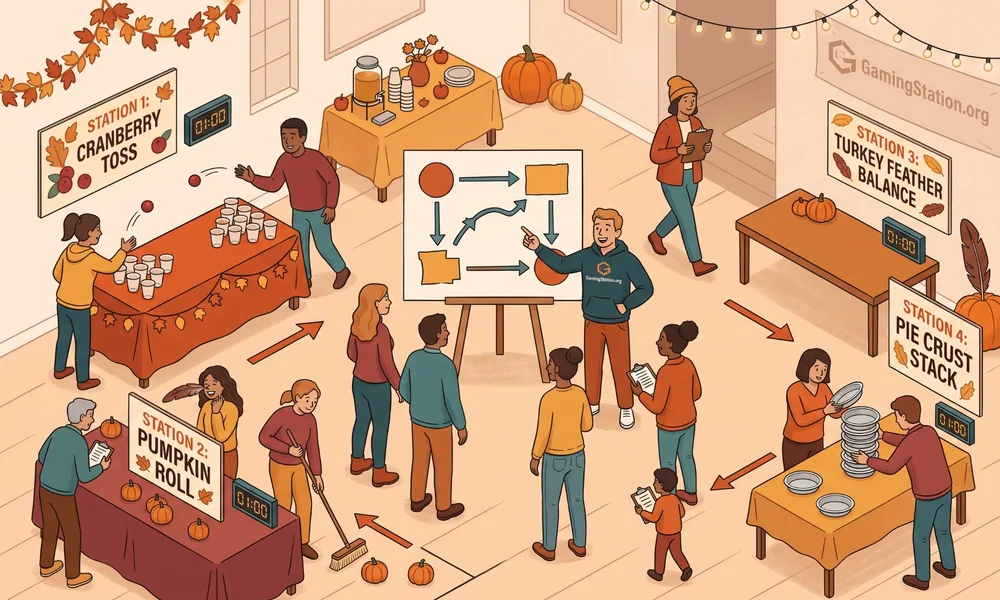 Thanksgiving minute to win it game stations arranged as a challenge route