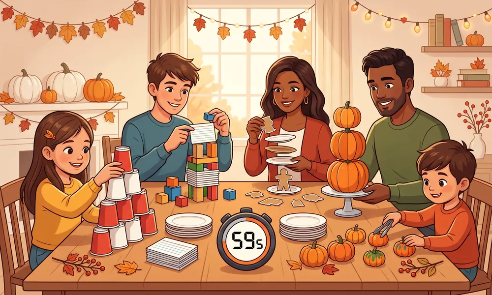 Players doing Thanksgiving stack and balance games with cups, plates and pumpkins