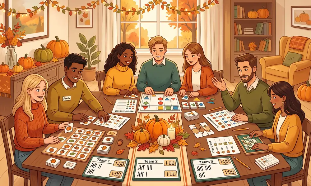 Teams solving Thanksgiving memory, pattern and communication games around a table
