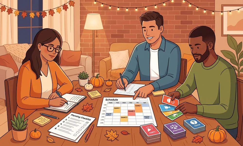 Adults planning a Thanksgiving game lineup with a schedule and game cards