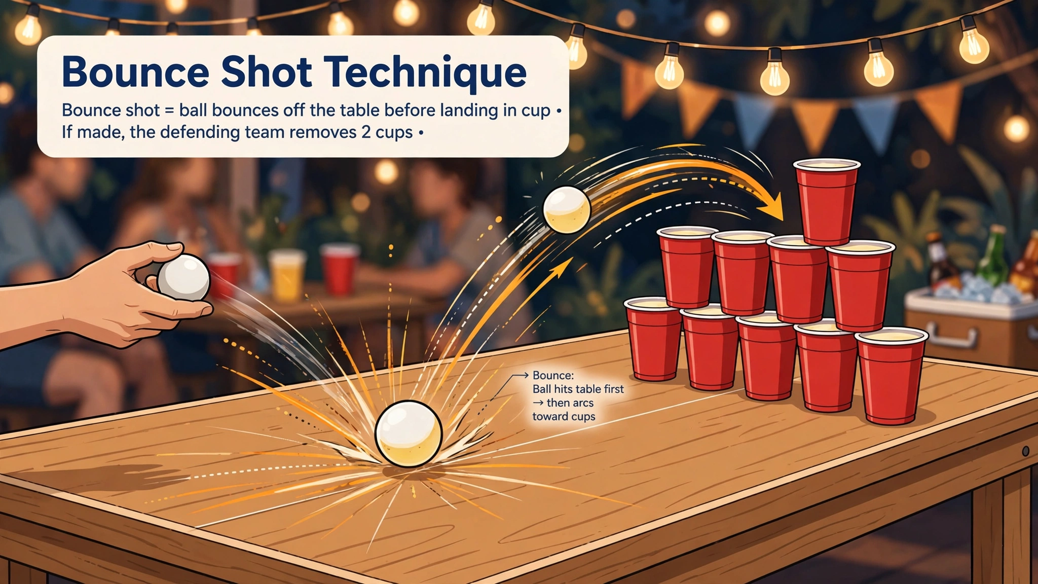 Beer pong bounce shot technique with motion lines