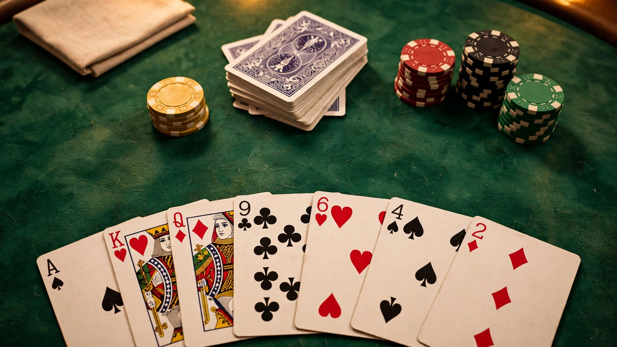 Cheat card game table setup with a discard pile and fanned hand of cards