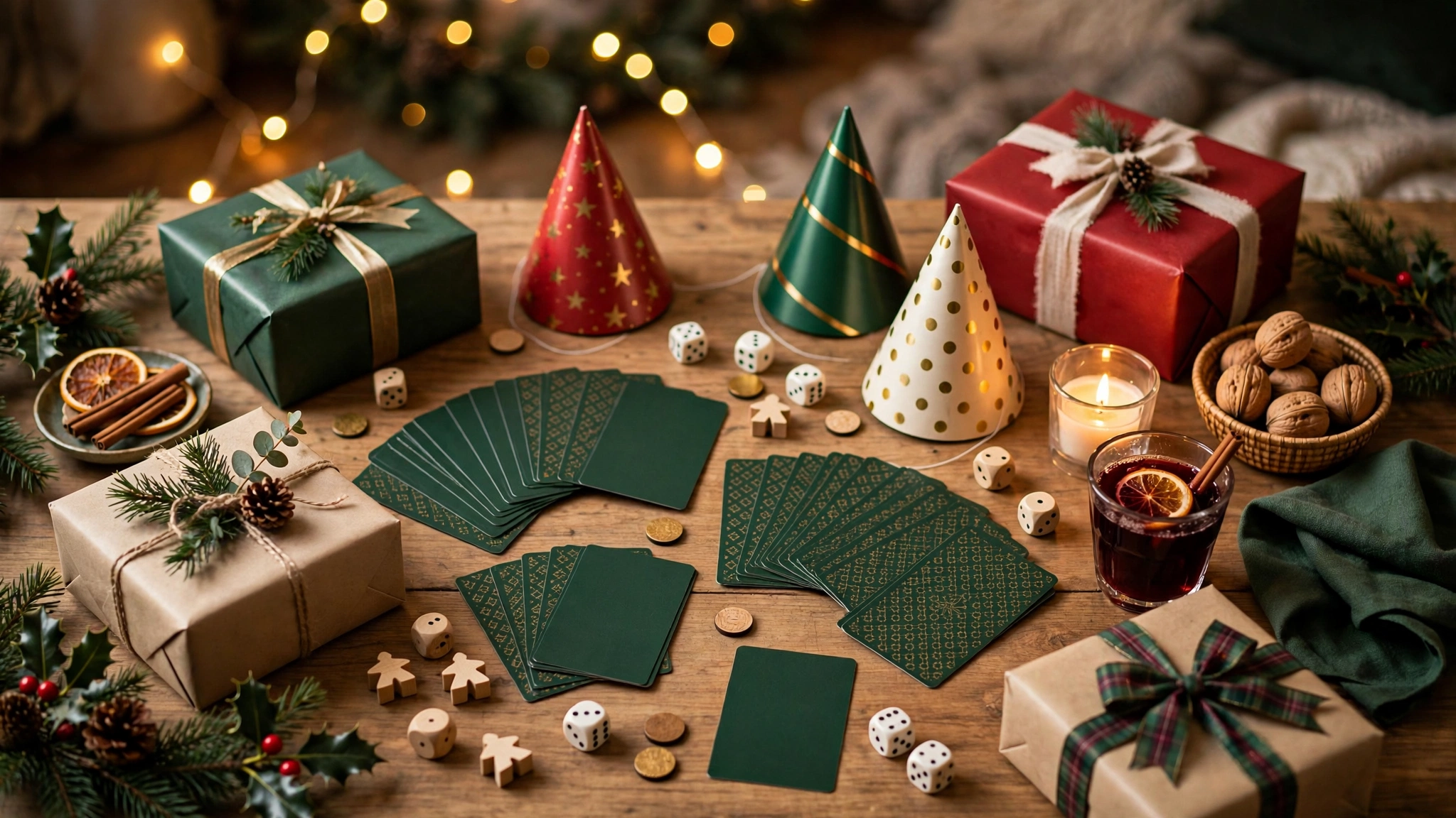 Festive table with Christmas party games, gifts, dice and game cards