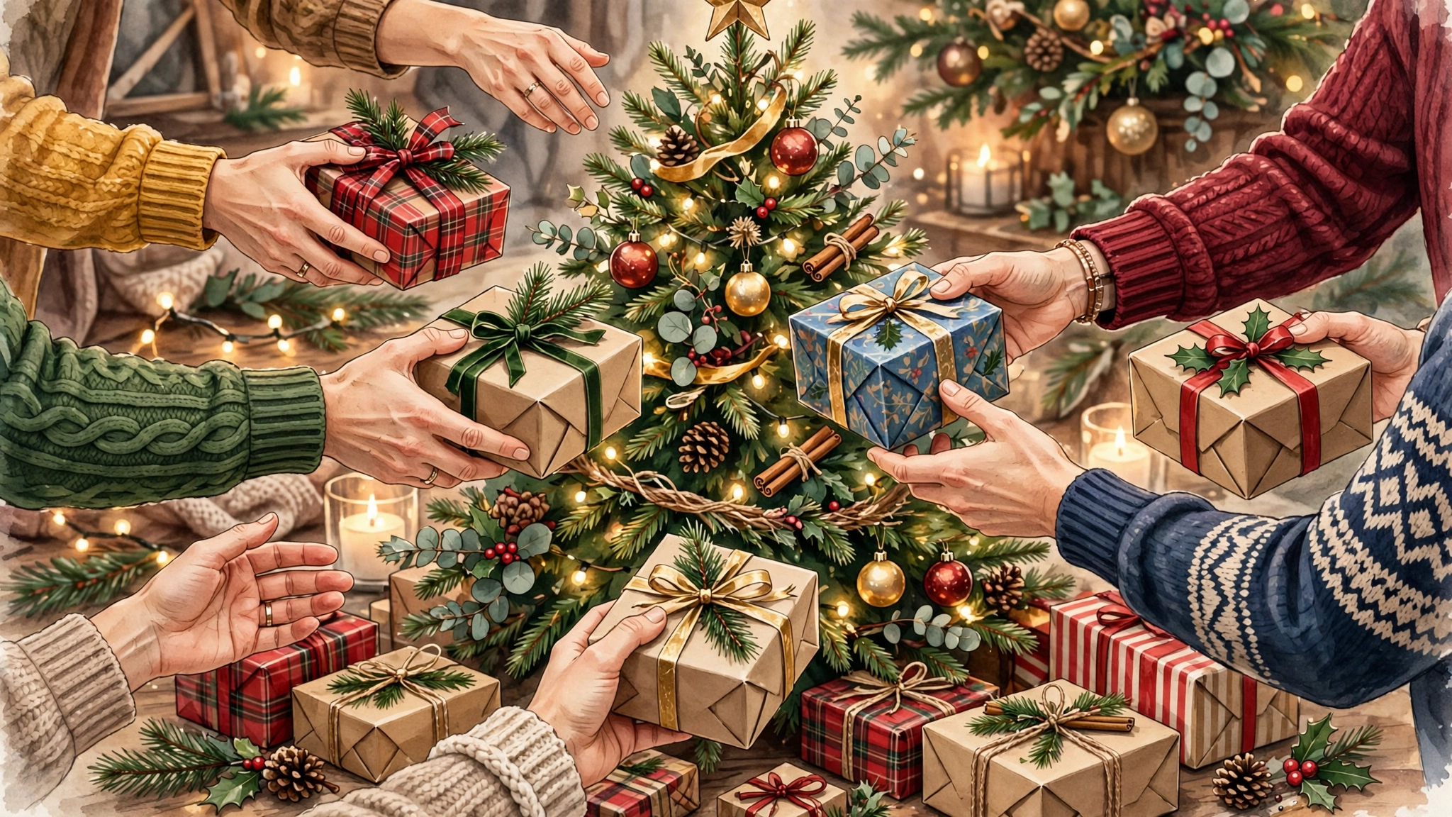 Adults exchanging wrapped Christmas gifts around a decorated tree