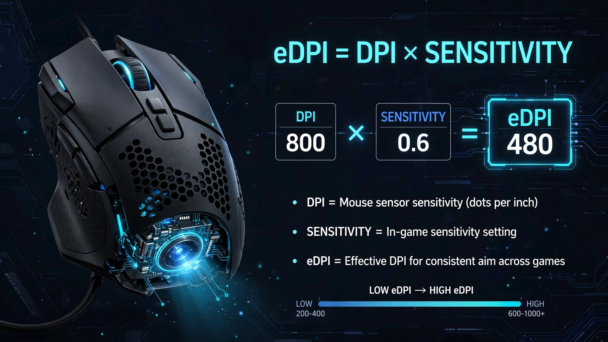 eDPI formula: DPI multiplied by in-game sensitivity, for example 800 times 0.6 equals 480