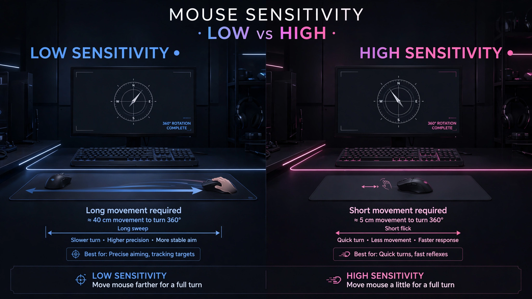 Low versus high mouse sensitivity comparison for FPS games