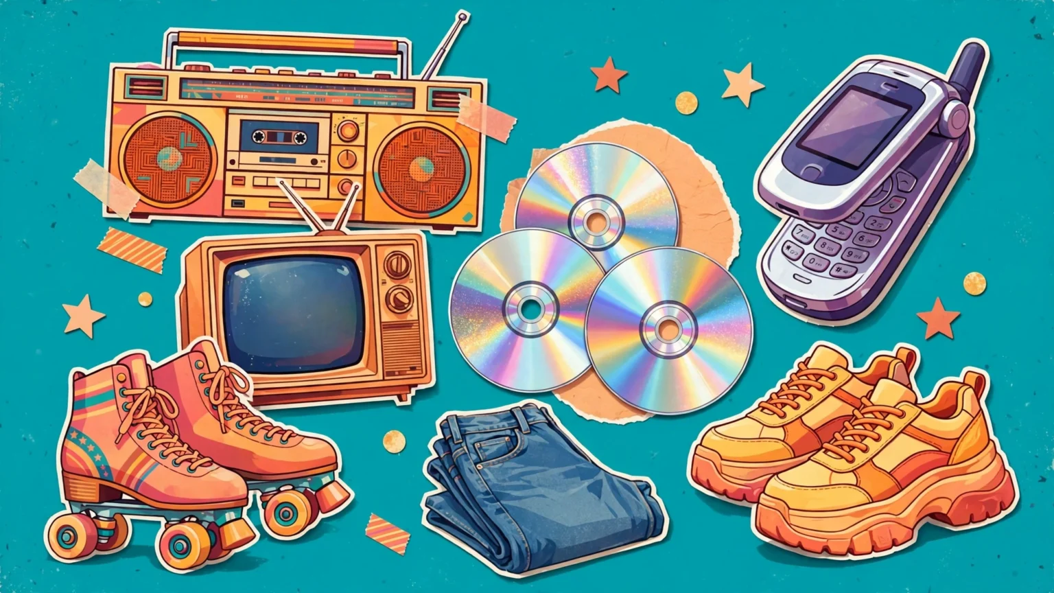 2000s pop culture collage with boombox, flip phone, CRT television and CDs
