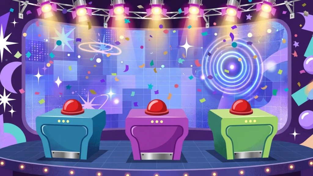 Retro 2000s-style TV game show stage with contestant buzzers