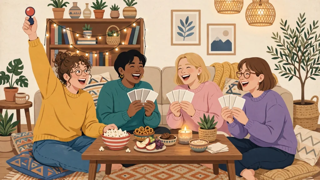 Friends laughing and playing a trivia night game at a party