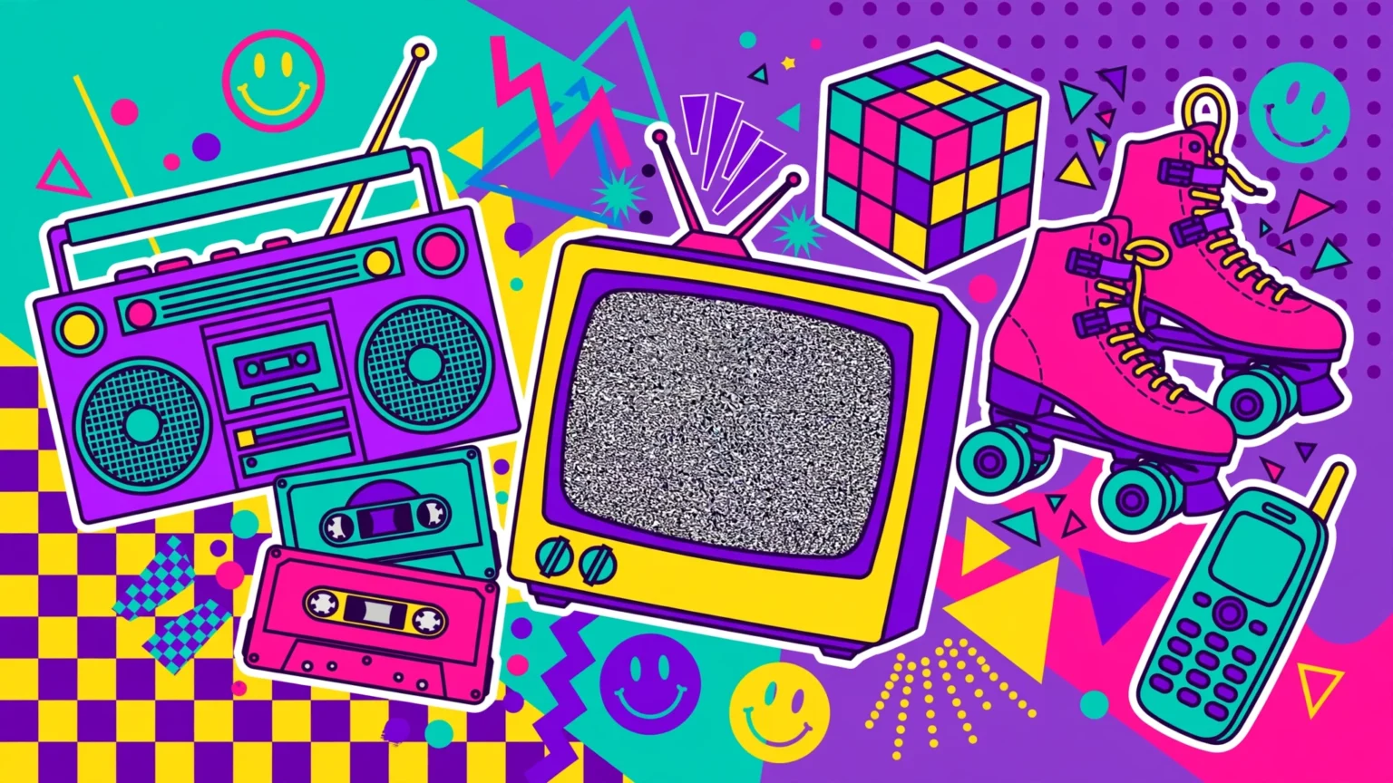 90s Trivia Questions: 100+ Questions & Answers (2026) 90s pop culture collage with boombox, cassette tapes, CRT television and roller skates