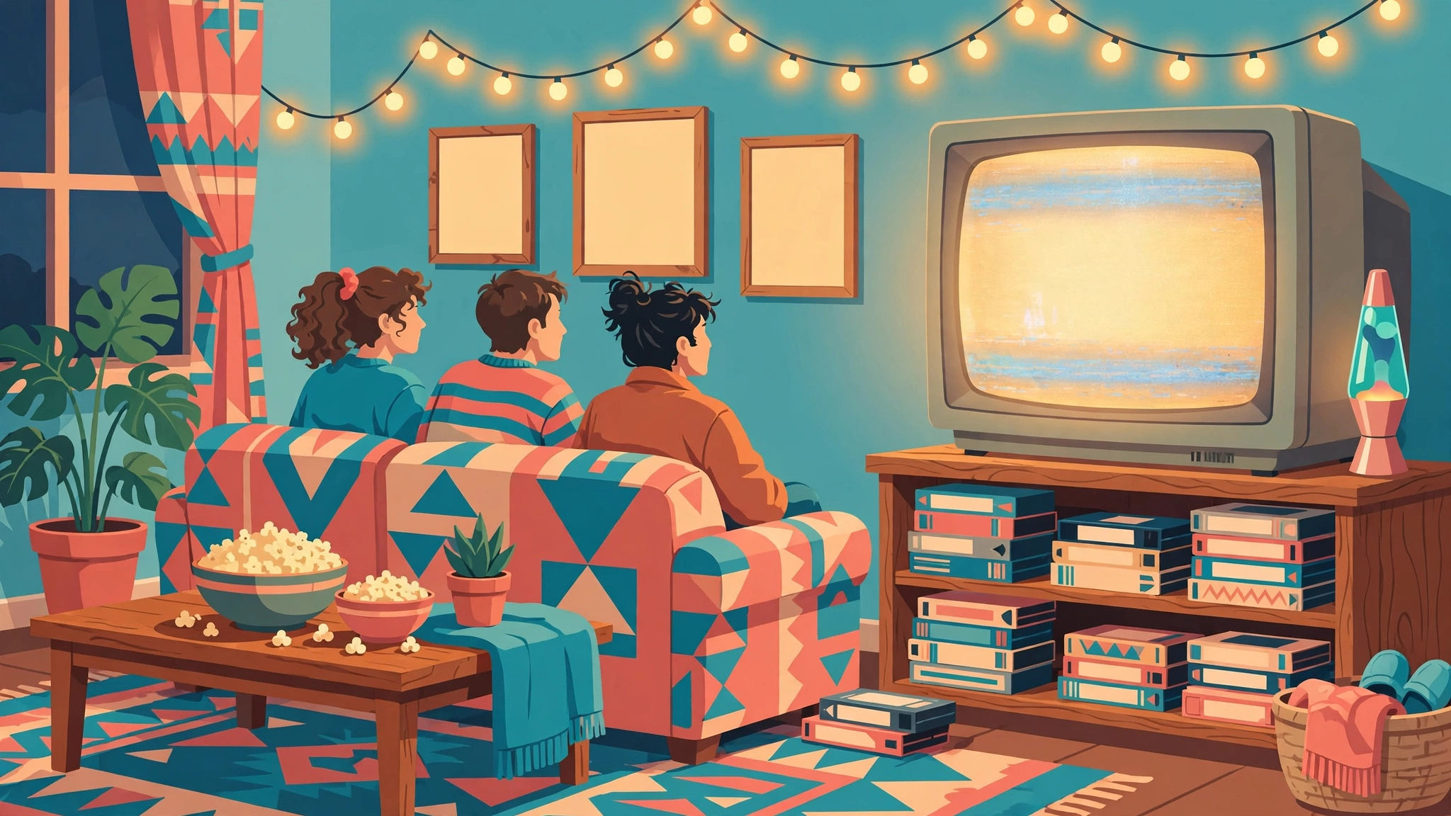 Friends watching a movie on a CRT television in a 90s living room
