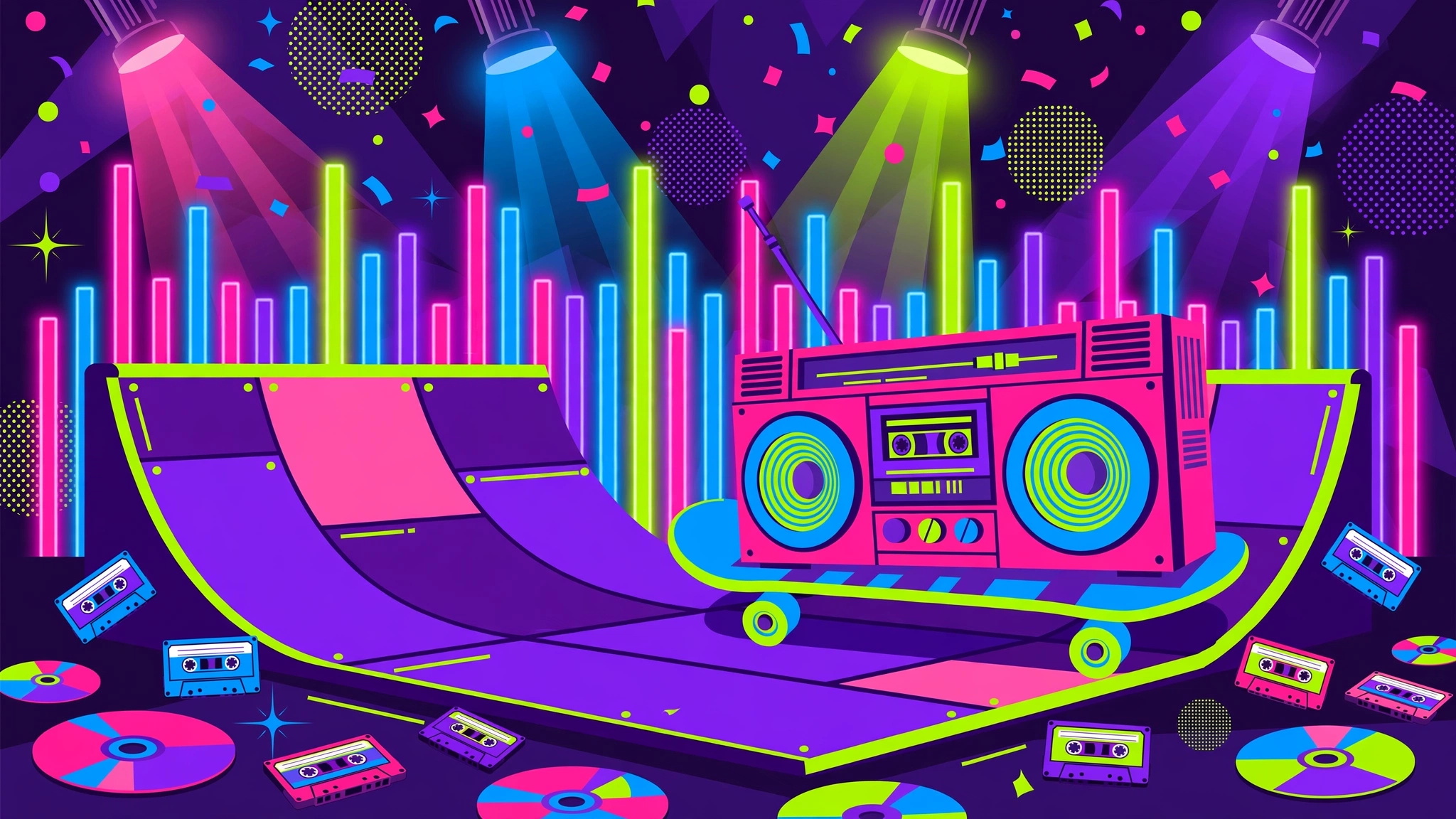 Neon 90s music scene with a boombox, cassette tapes and CDs