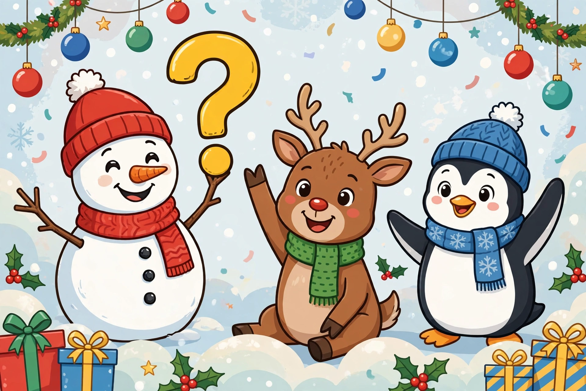 Cartoon snowman holding a question mark sign while a reindeer and a penguin raise their hands as Christmas quiz contestants