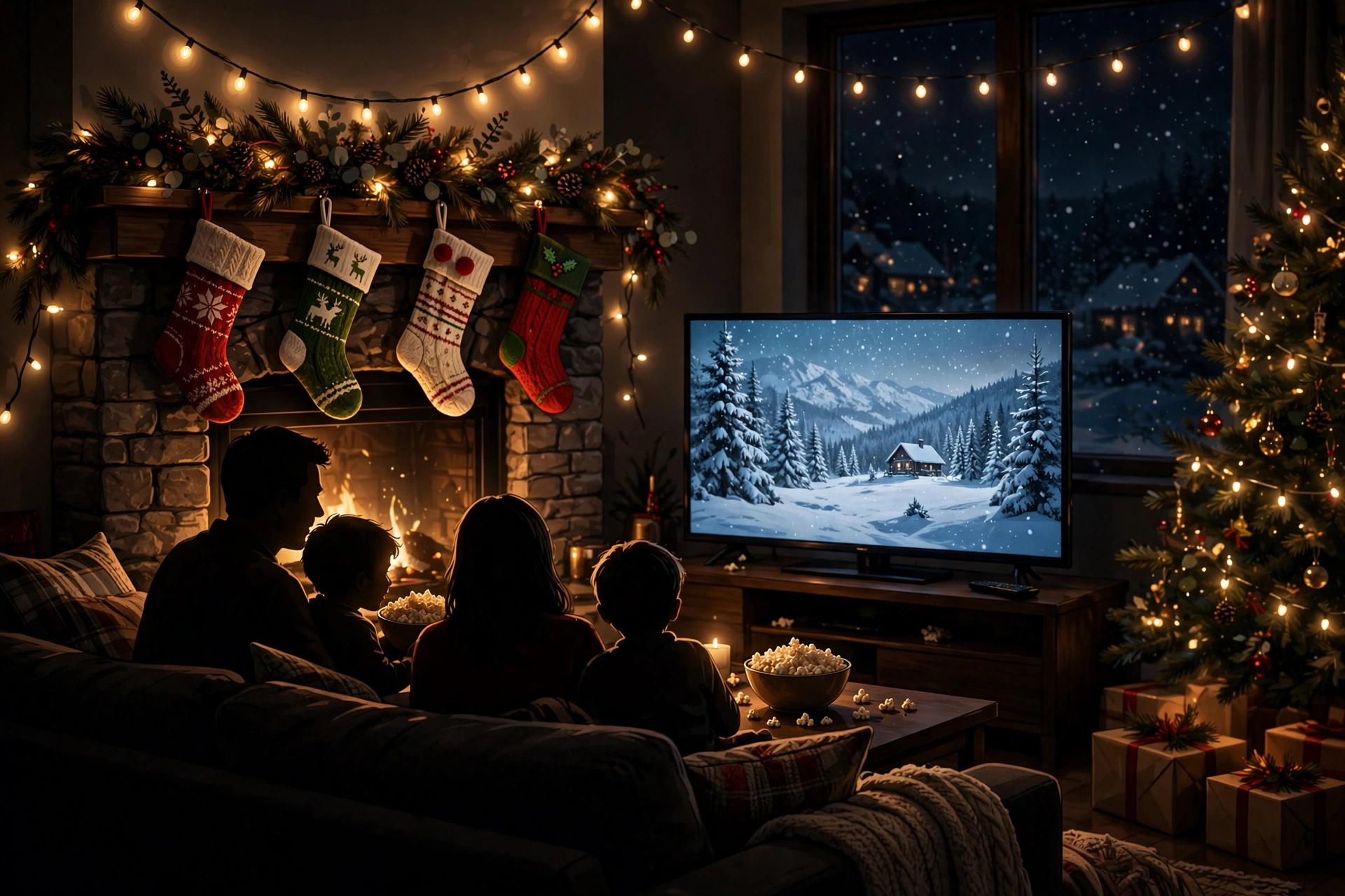 Family watching a snowy Christmas film on TV on Christmas Eve, with stockings on the fireplace and string lights