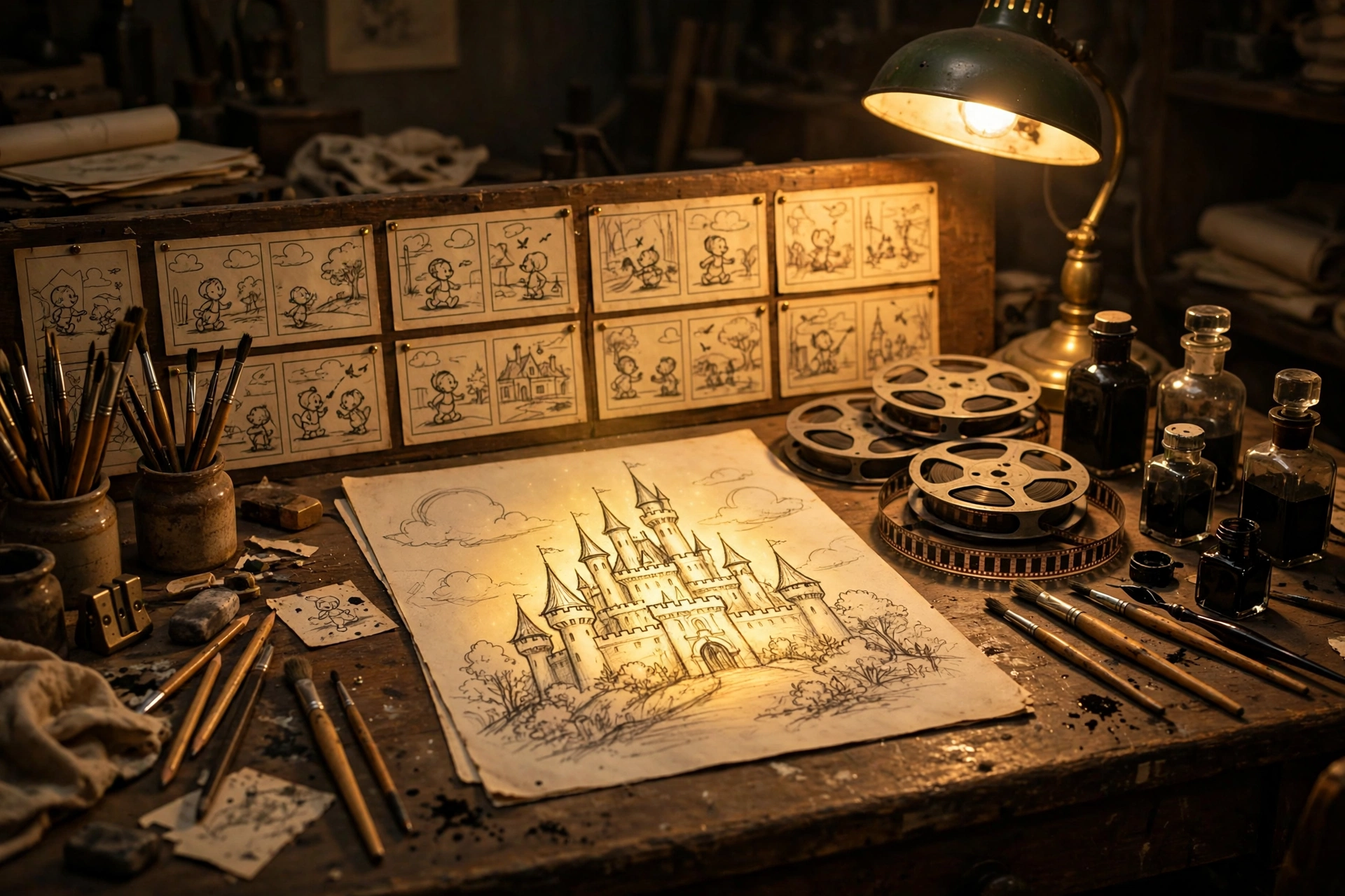 Vintage animation studio desk with hand-drawn cartoon storyboards, film reels and a storybook castle sketch