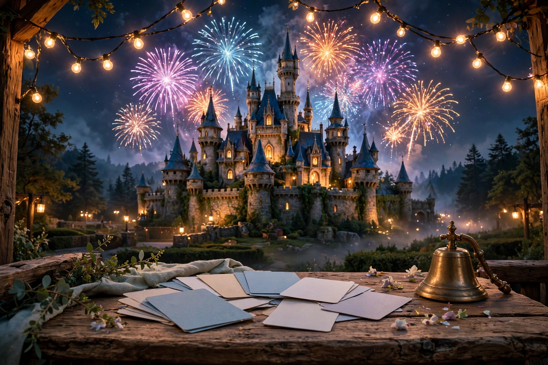 Fairy-tale castle with fireworks at night above a table of trivia question cards