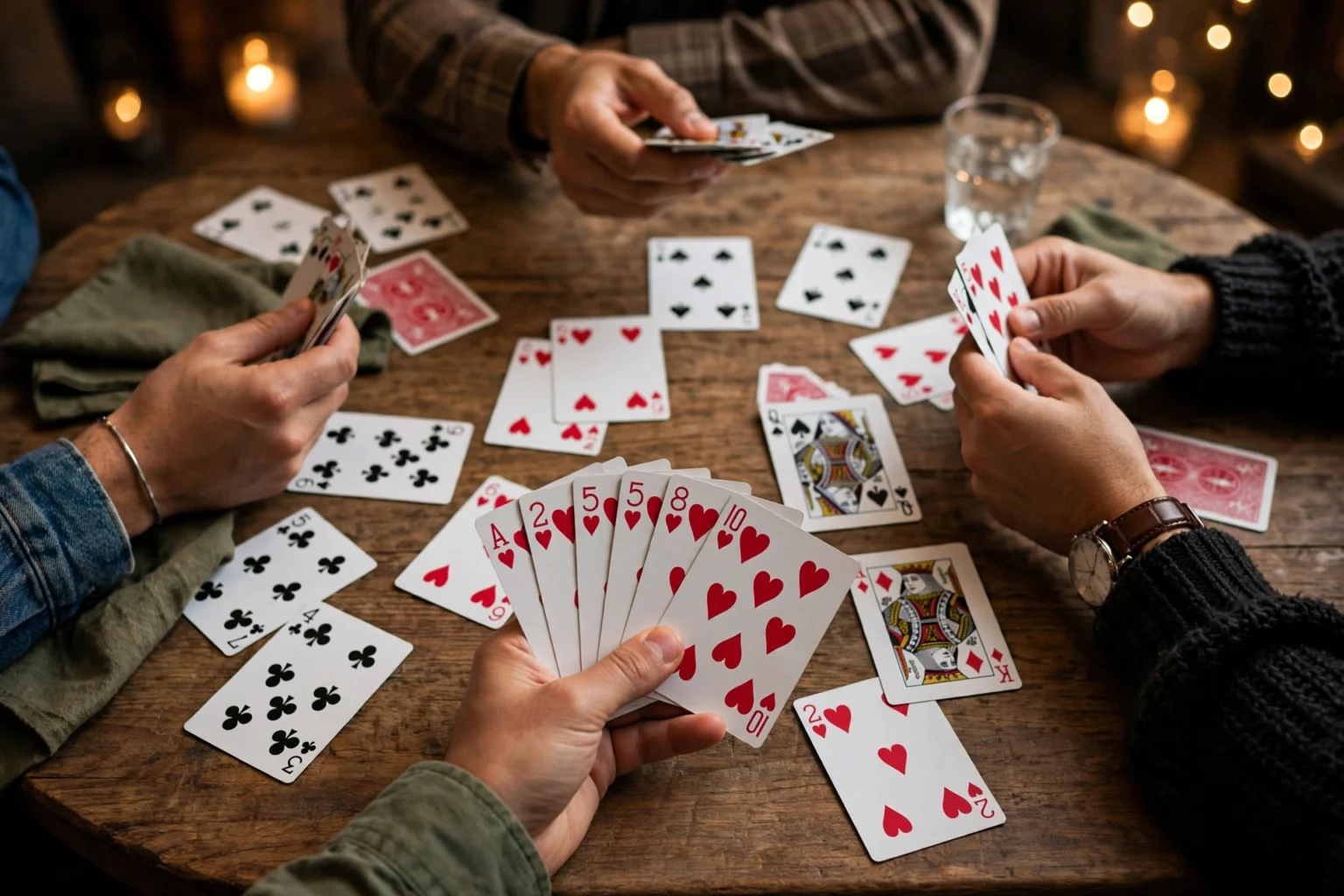 How to Play Hearts: Rules, Scoring & Strategy (2026) Four players around a wooden table playing the Hearts card game, with hearts and the Queen of Spades visible