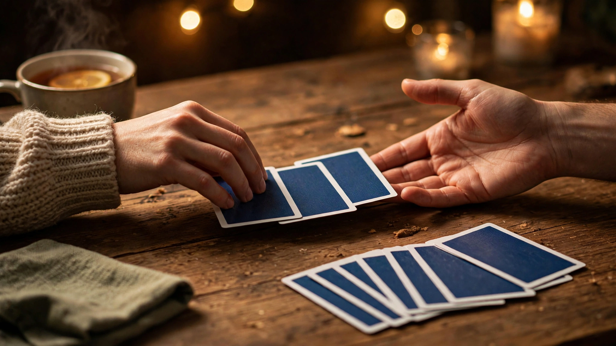 A player passing three face-down cards across the table during a game of Hearts