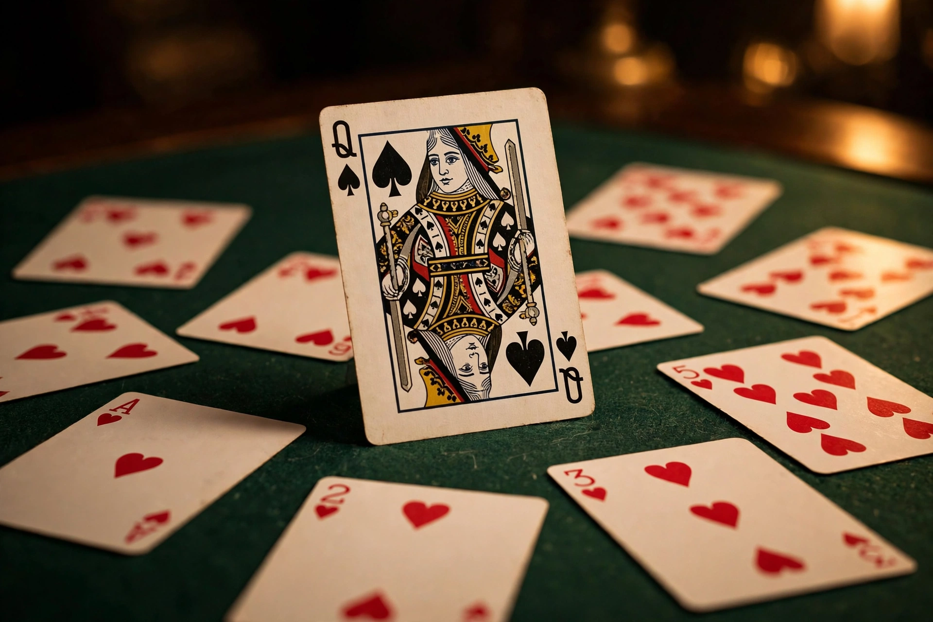 The Queen of Spades among scattered heart cards on a green felt table