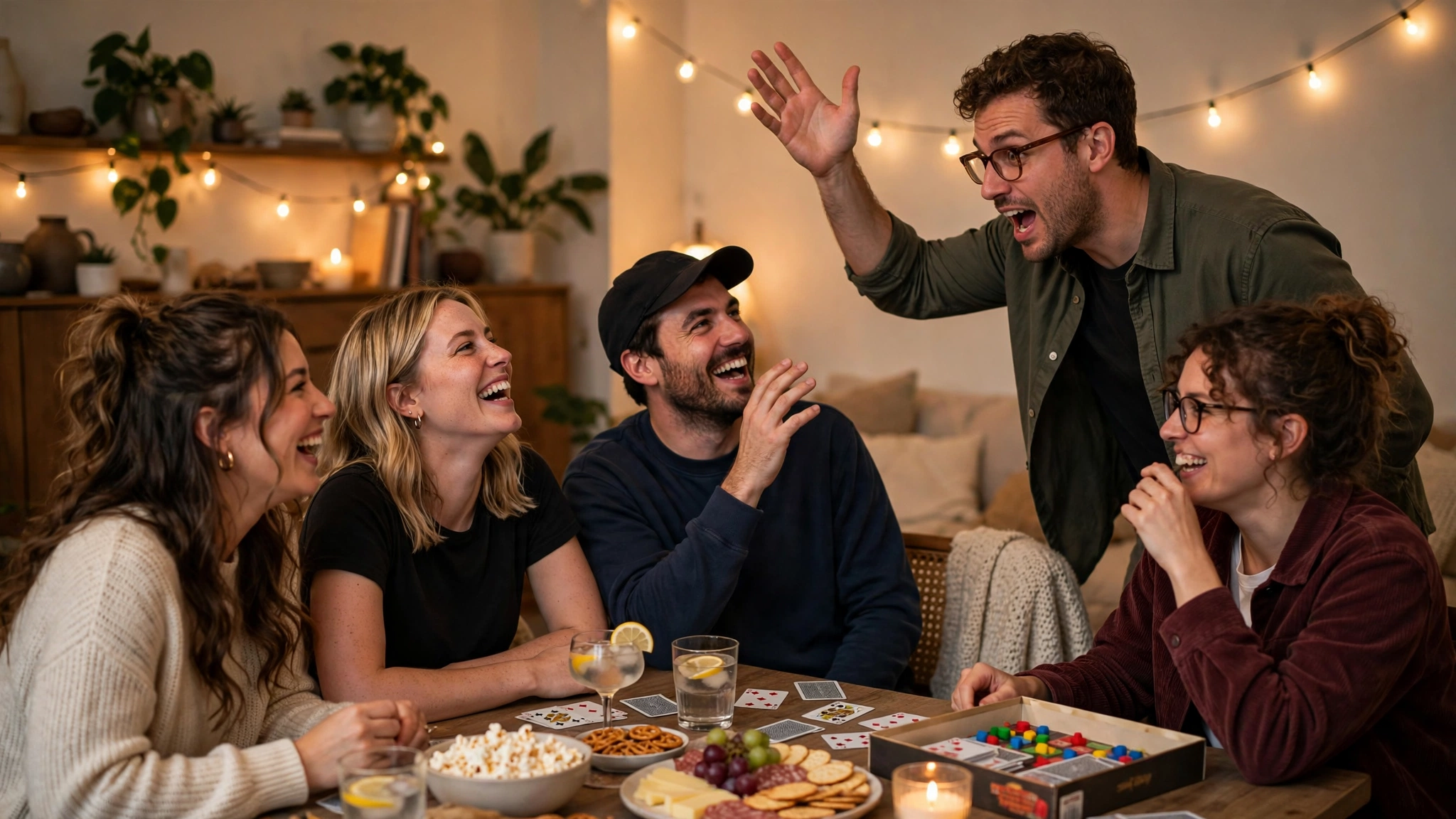 Friends laughing during a lively debate party game at game night
