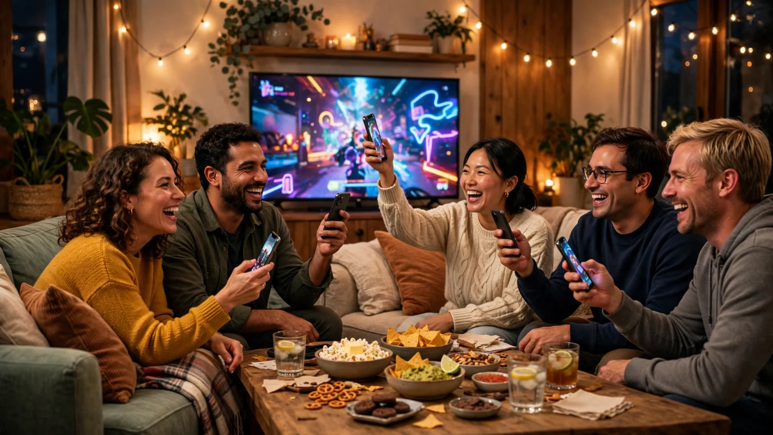 Friends playing a Jackbox-style party game night with phones as controllers in a cozy living room