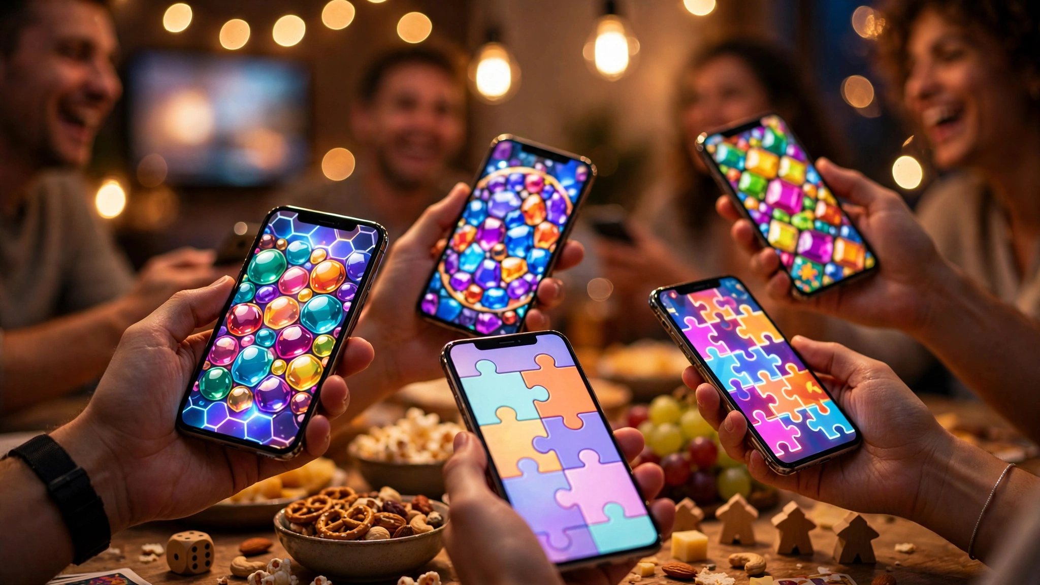 Close-up of hands holding smartphones as controllers during a party game night
