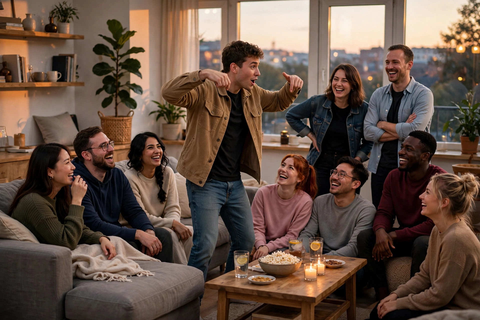 Nine friends playing charades in a living room: one man acting while the group laughs and guesses