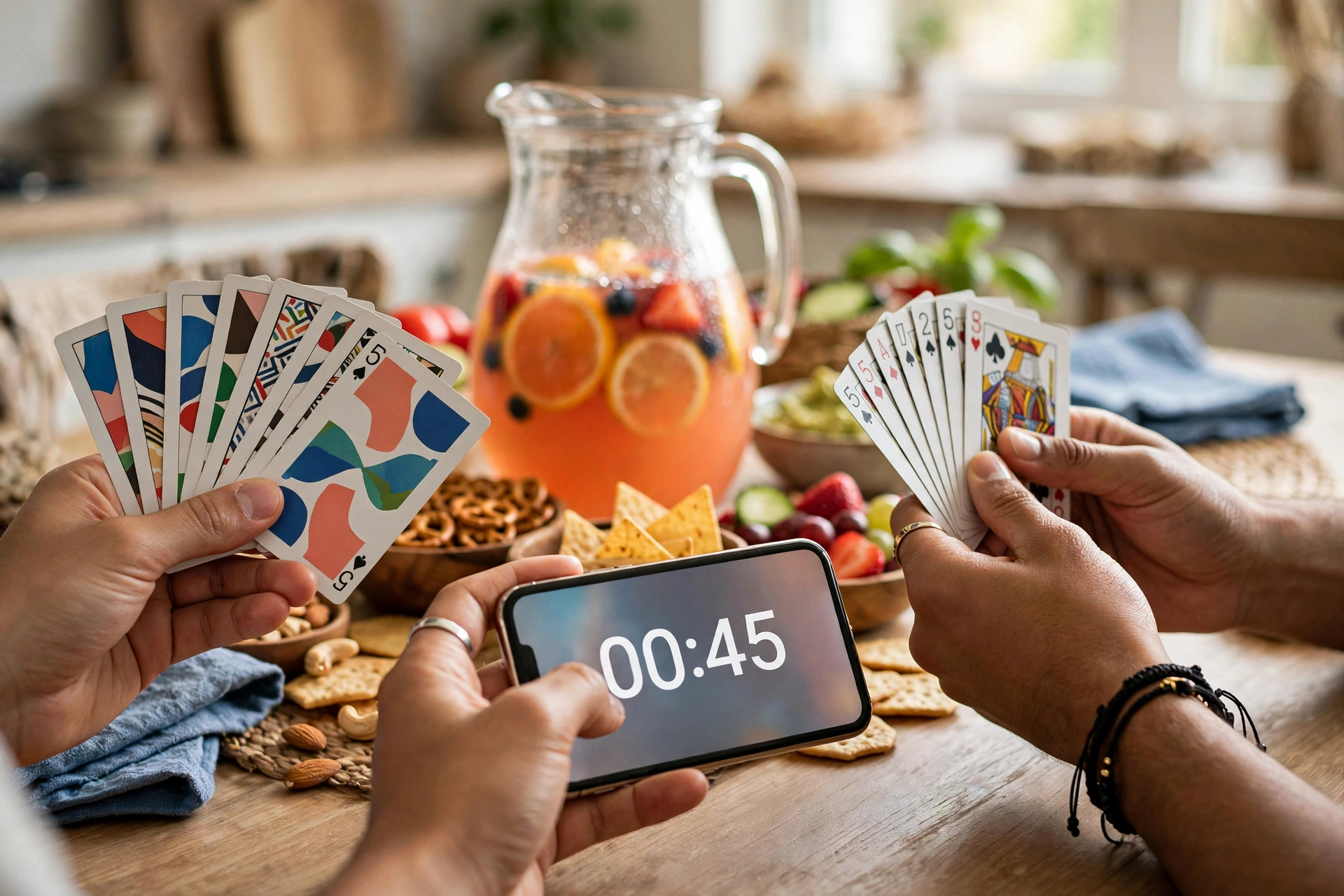 Close-up of hands holding fanned playing cards over a phone timer at a kitchen table with fruit punch and snacks