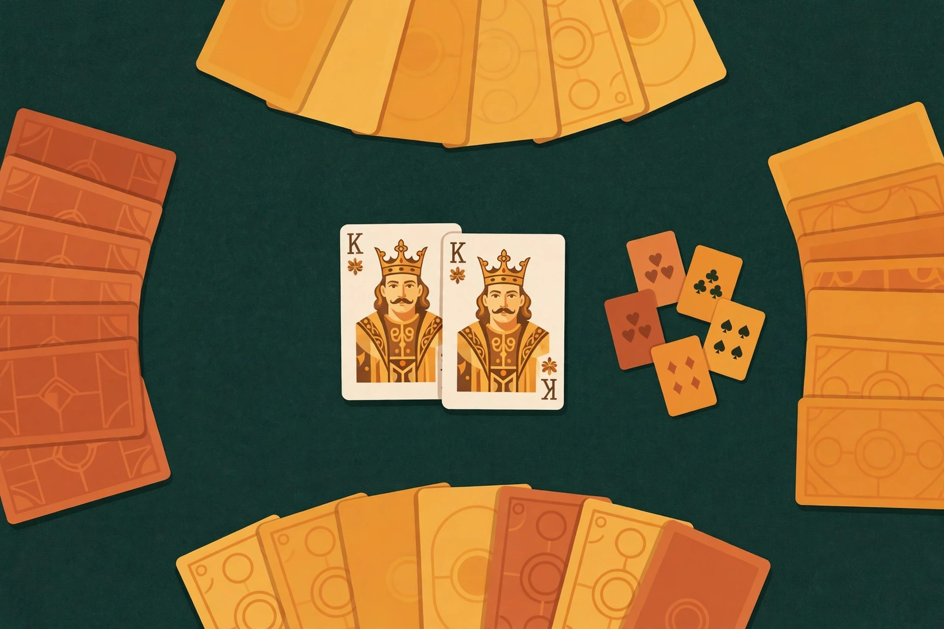 Overhead view of a President card game in progress, with a pair of kings played on the central pile and players holding fanned hands of cards around the table