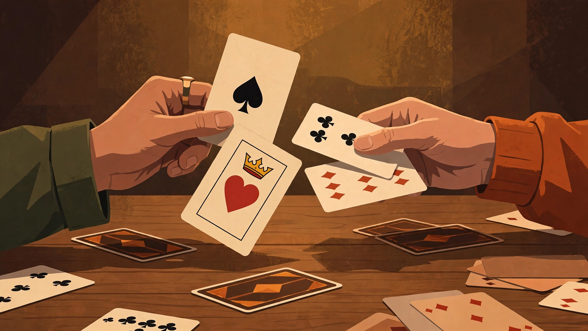 Two players trading cards across a table: the President and Scum card exchange between rounds of the President card game
