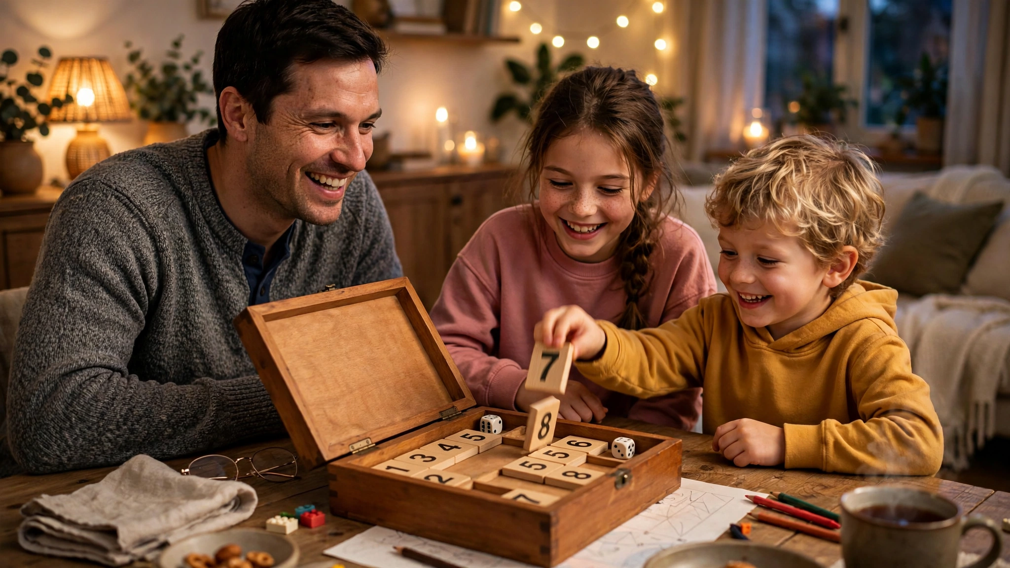 A parent and two children playing a wooden shut the box dice game at a dining table