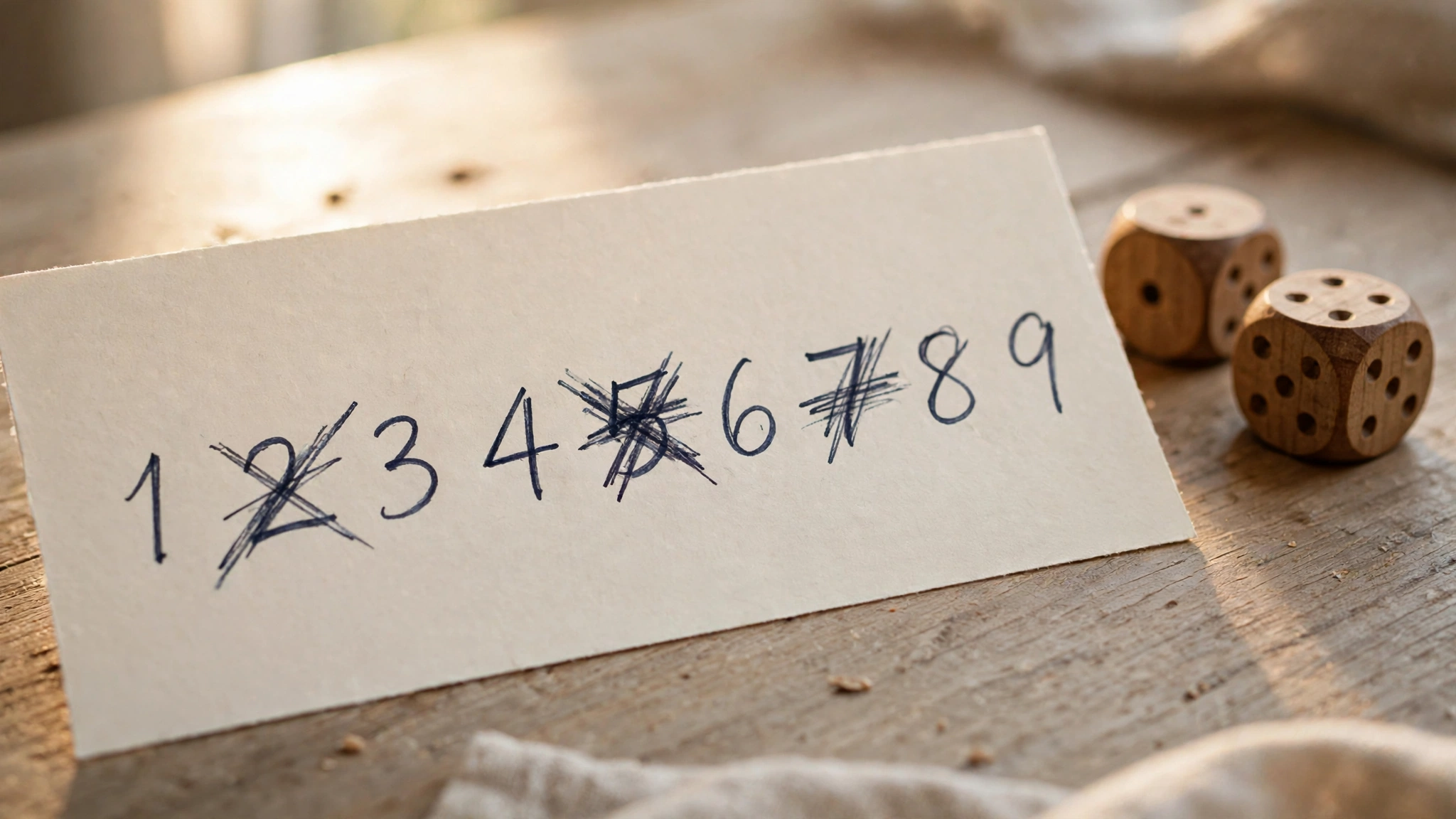 Handwritten numbers 1 to 9 on paper with several crossed out, showing how to play Shut the Box without the wooden box, with two dice beside