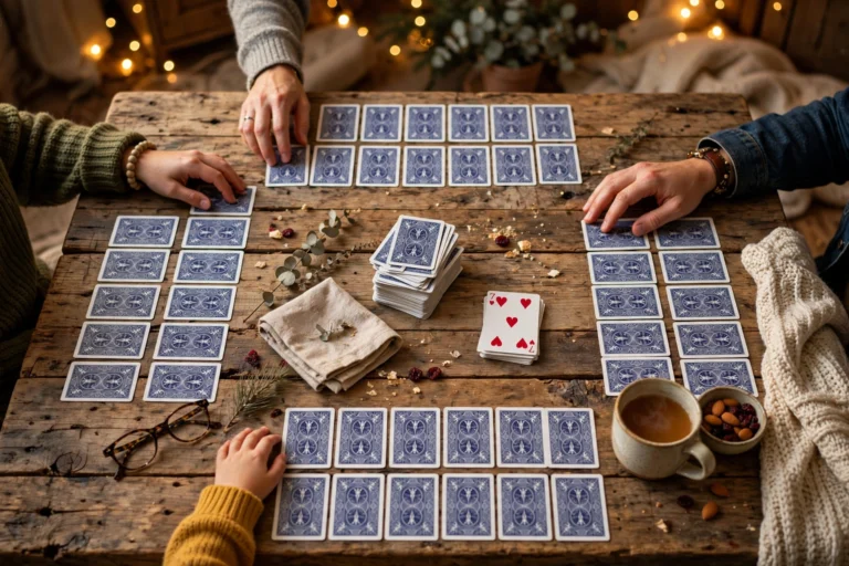 Family game night: players' hands around a wooden table with face-down Trash card grids in two rows of five, plus draw and discard piles in the center