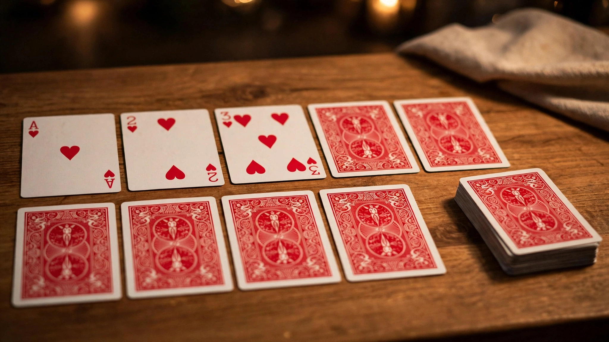 A player's Trash card game setup: ten cards in two rows of five, with the Ace, 2 and 3 flipped face up in sequence