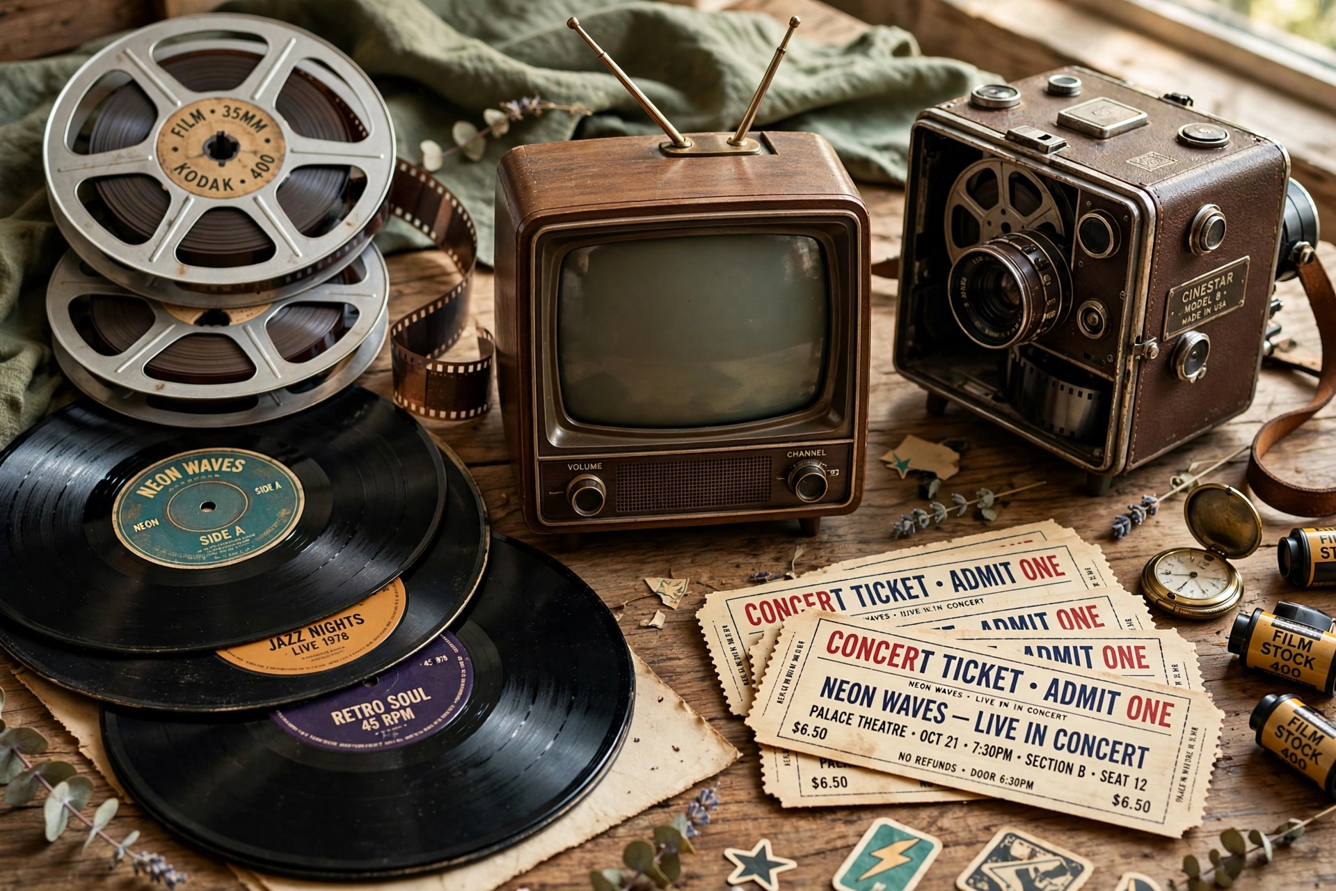 Pop culture icons, film reels, vinyl records and a retro television