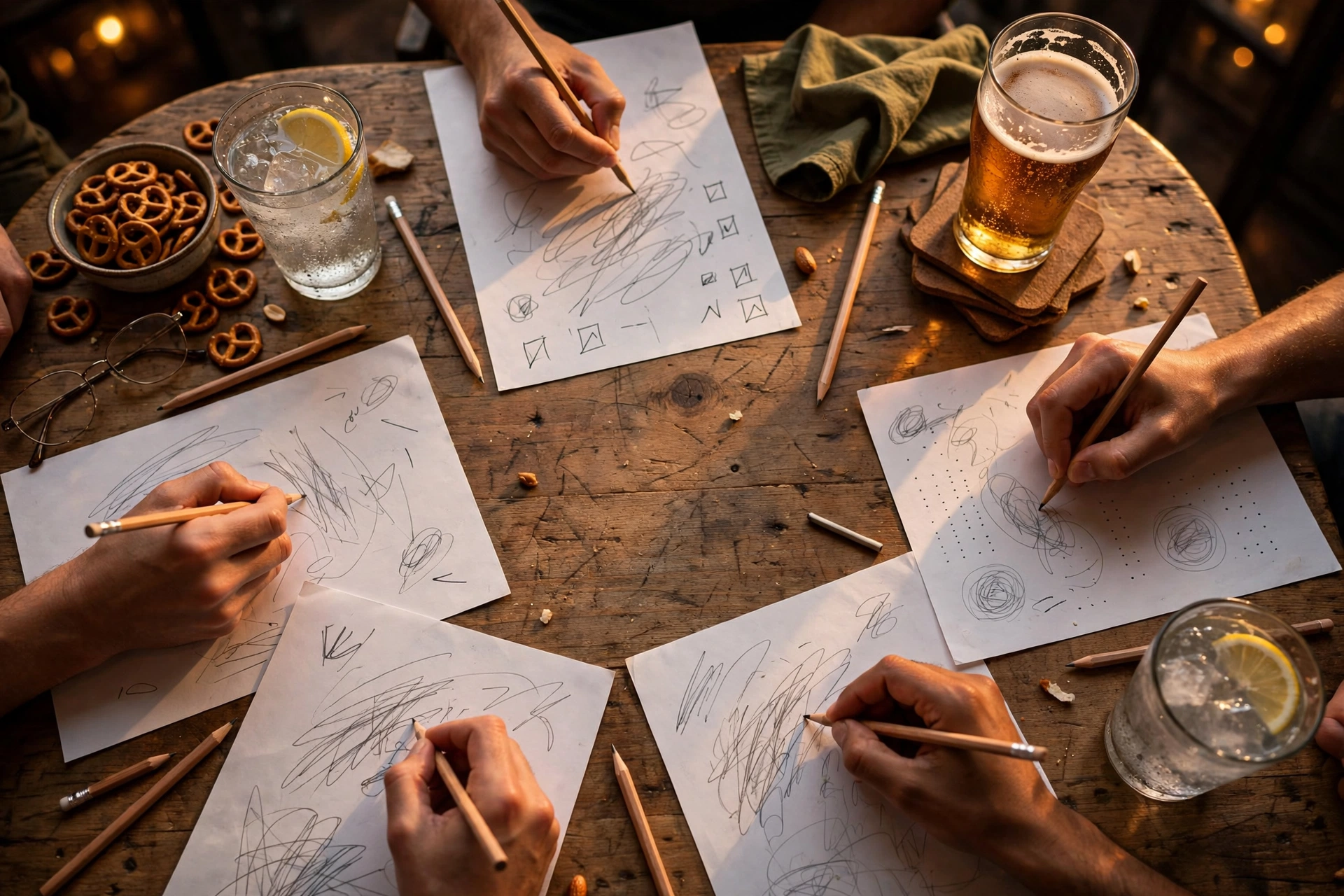 Teams writing answers on paper trivia sheets at a wooden pub table
