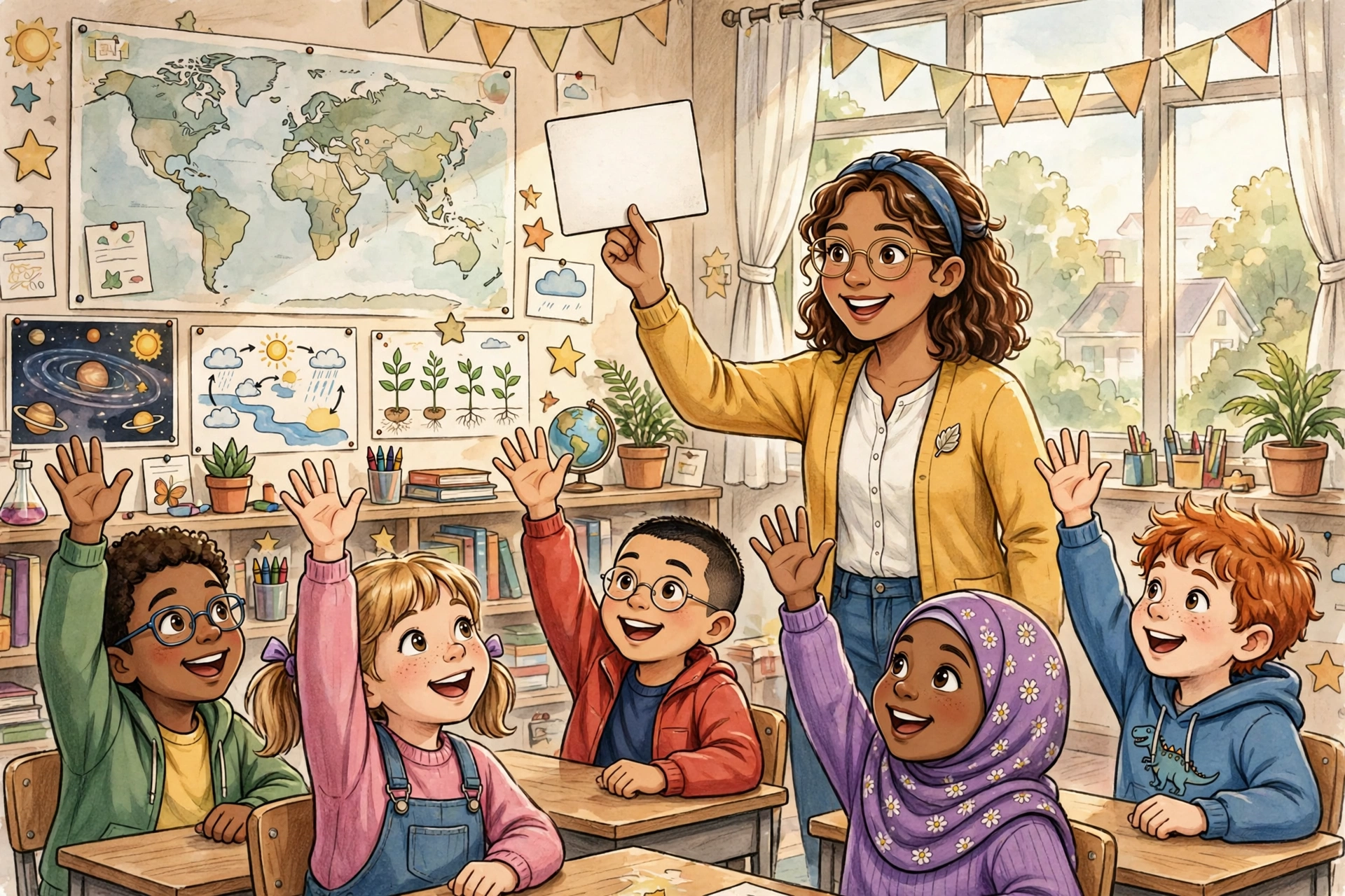 A teacher holds up a trivia question card in a bright elementary classroom while eager students raise their hands